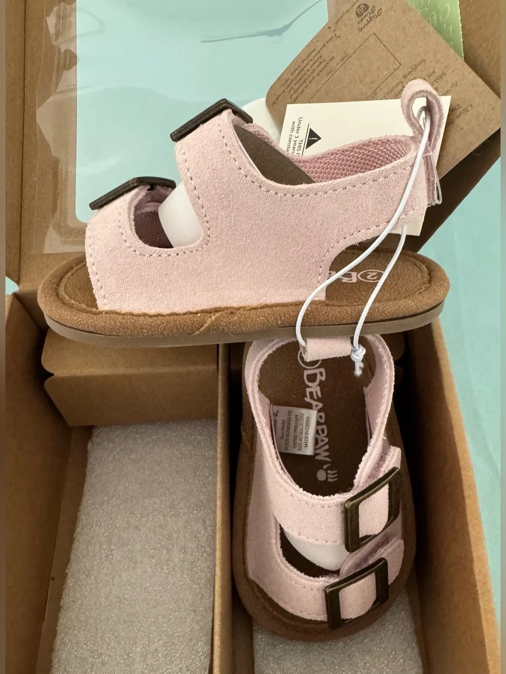 Bearpaw light pink double-buckle baby leather sandals